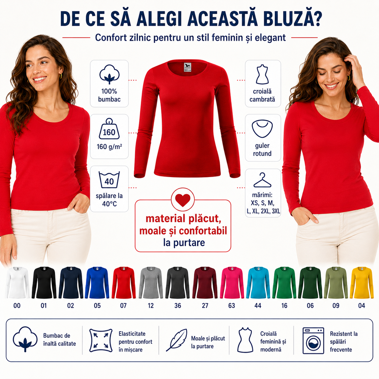 Bluză damă 169 Fit-T LS, 100% bumbac, croială cambrată, guler rotund și mărimi XS-3XL